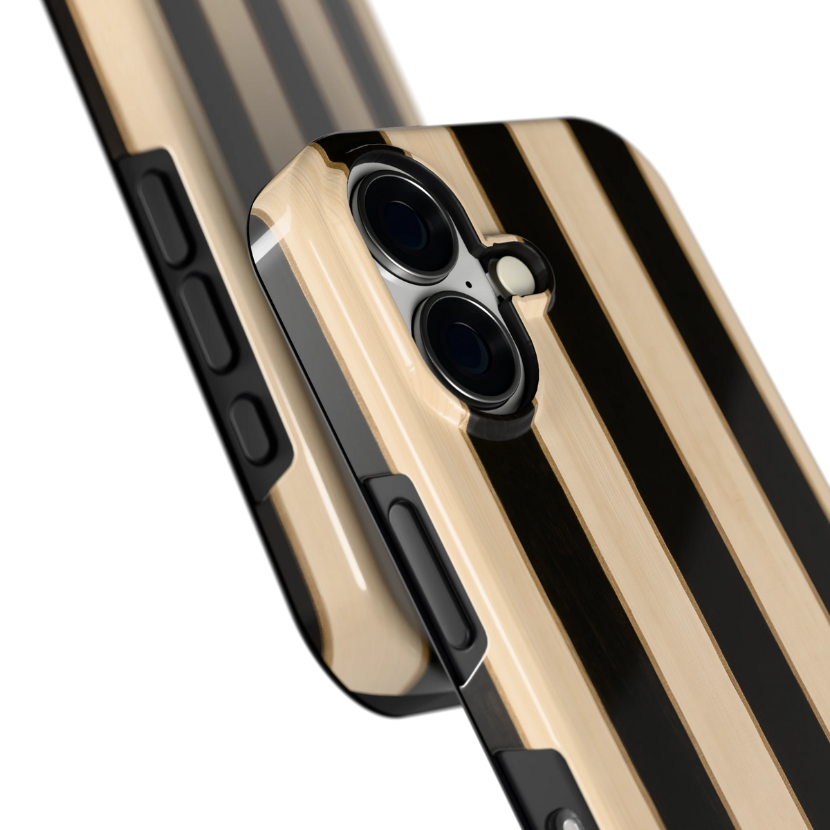Ebbenhout Strepen hoesje voor iPhone 16, close-up