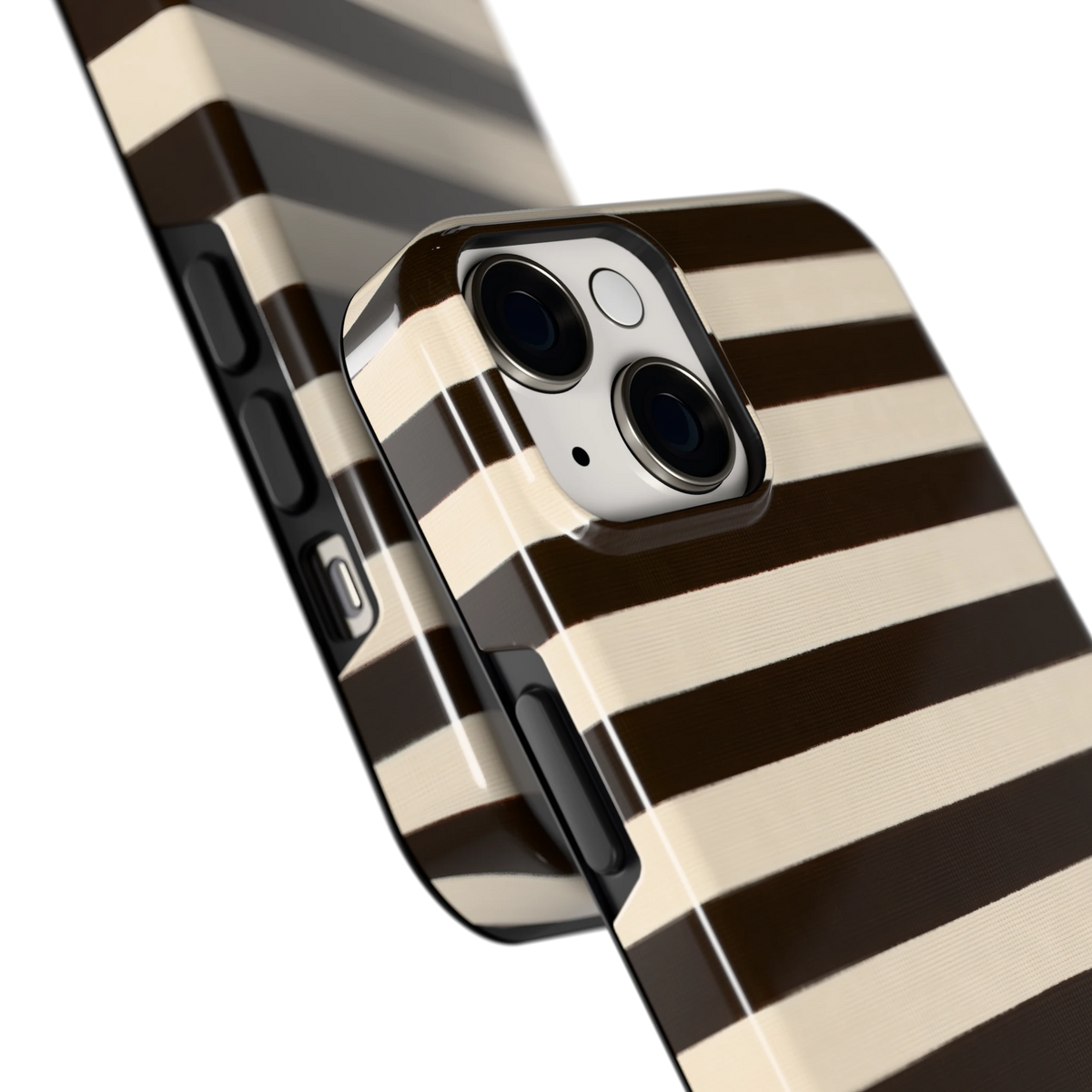 Espresso Streepjes hoesje voor iPhone 14, close-up