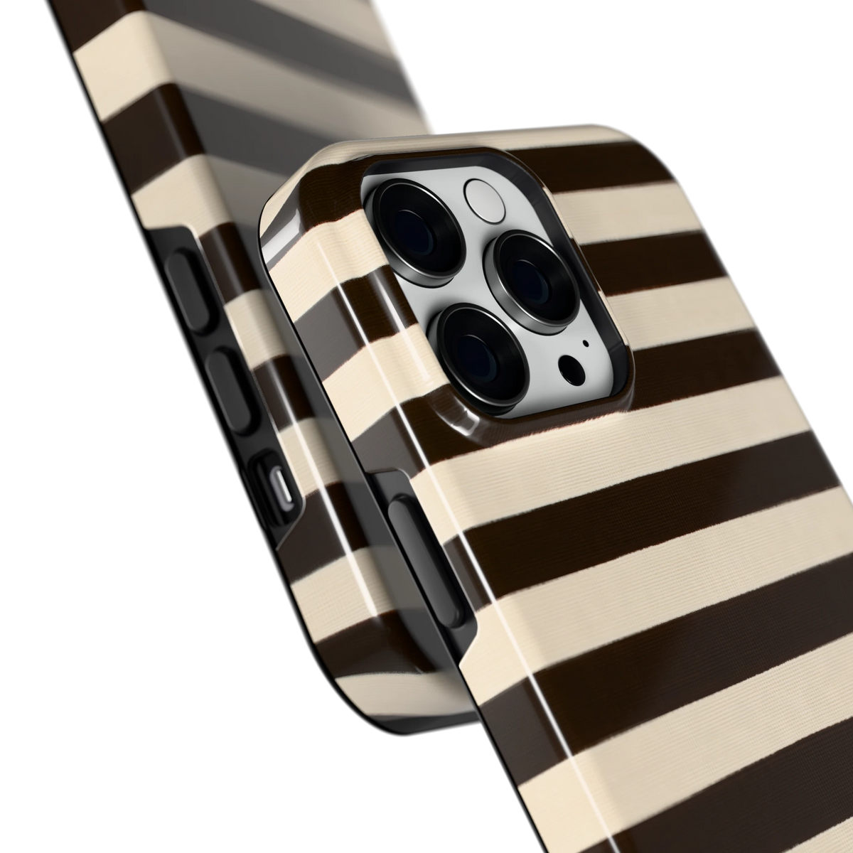 Espresso Streepjes hoesje voor iPhone 14 Pro Max, close-up