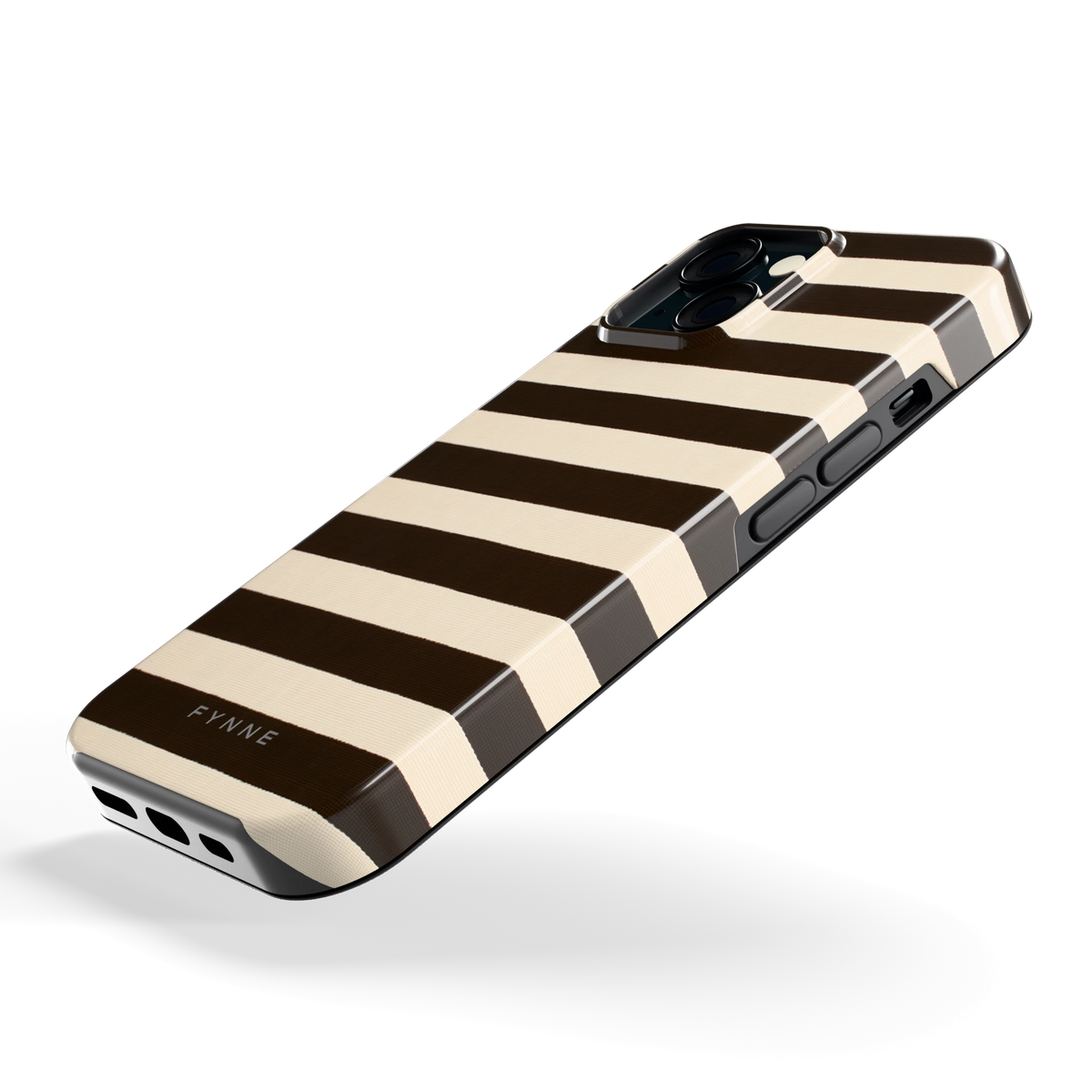 Espresso Streepjes hoesje voor iPhone 15, schuin