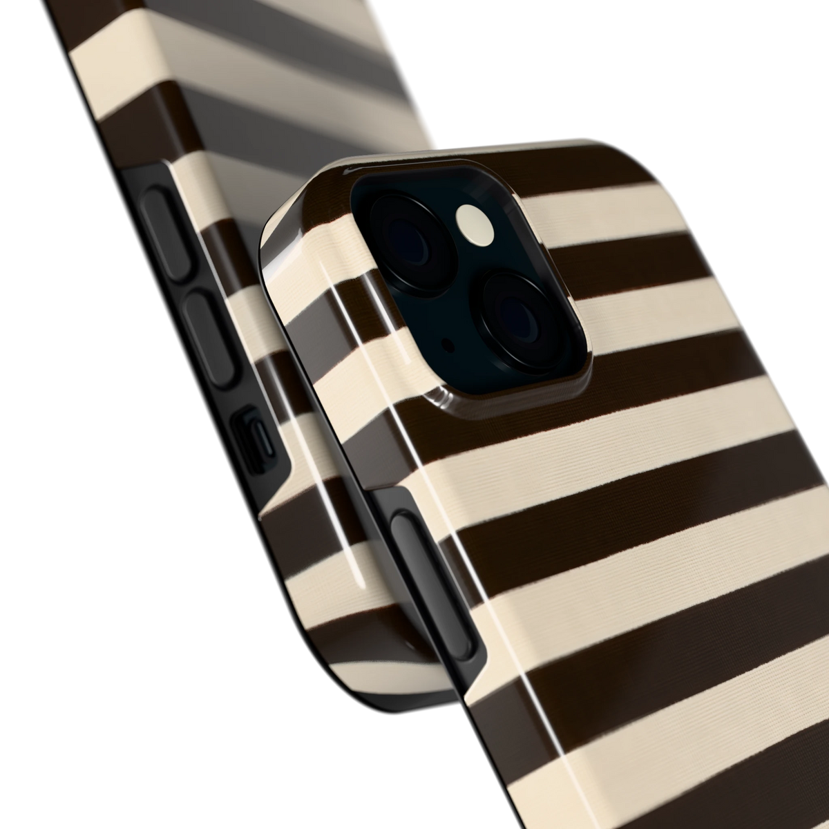 Espresso Streepjes hoesje voor iPhone 15, close-up