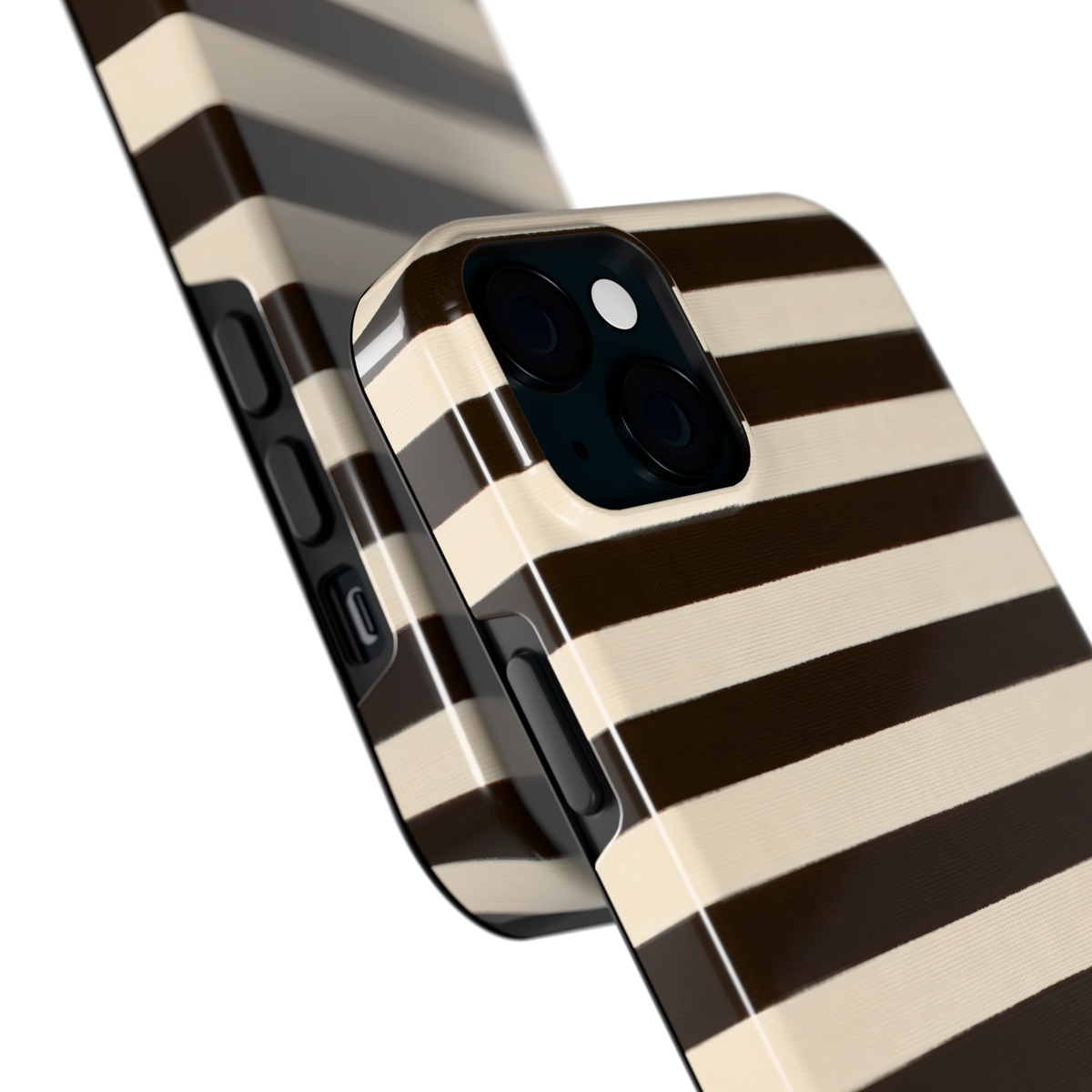 Espresso Streepjes hoesje voor iPhone 15 Plus, close-up