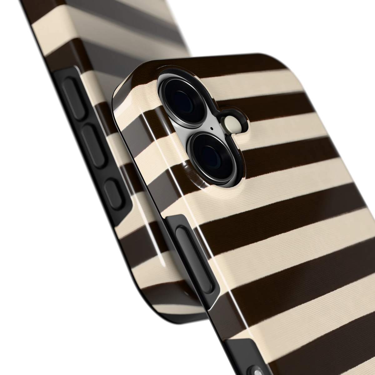 Espresso Streepjes hoesje voor iPhone 16, close-up