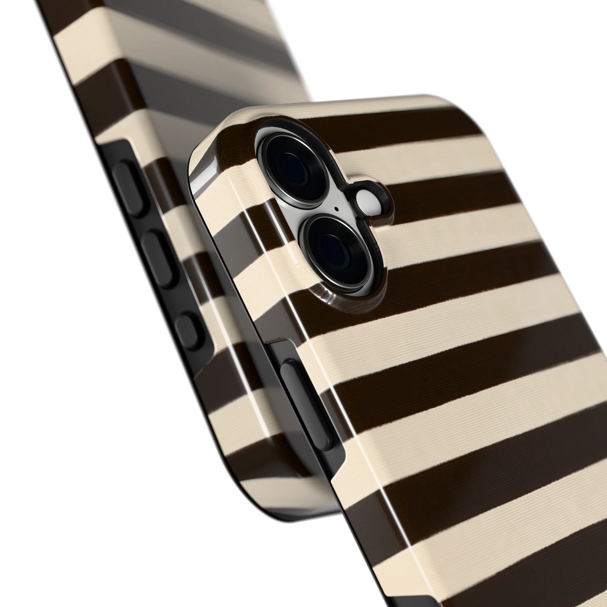 Espresso Streepjes hoesje voor iPhone 16 Plus, close-up