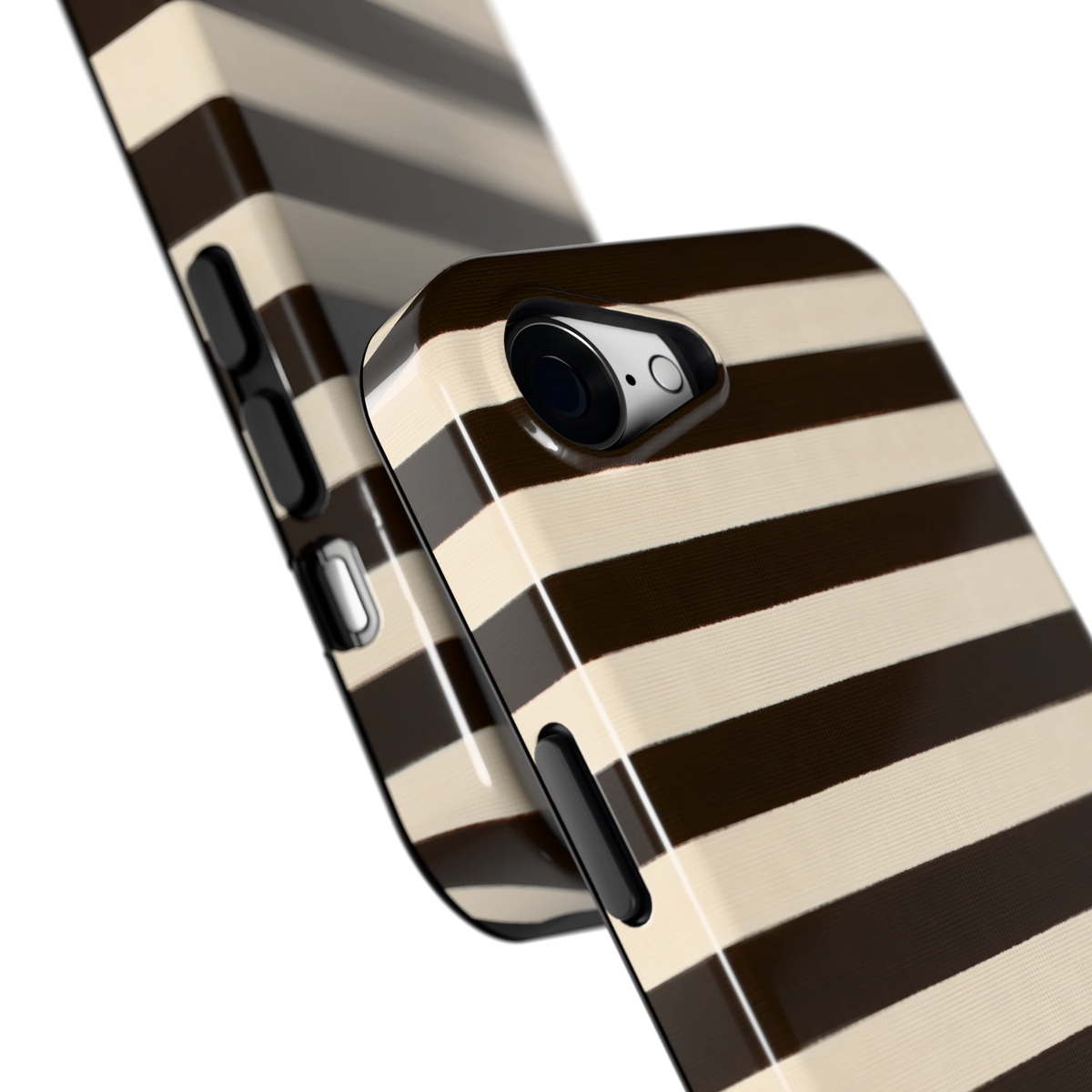 Espresso Streepjes hoesje voor iPhone 16e, close-up
