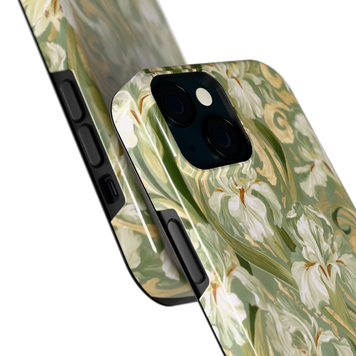 Verguld Irissenveld hoesje voor iPhone 15, close-up