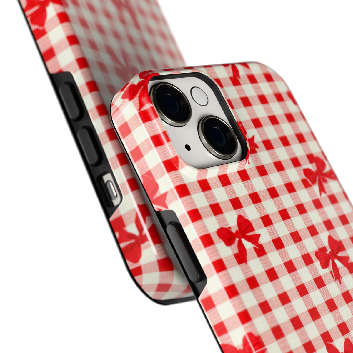 Geruite Strikjes hoesje voor iPhone 14, close-up
