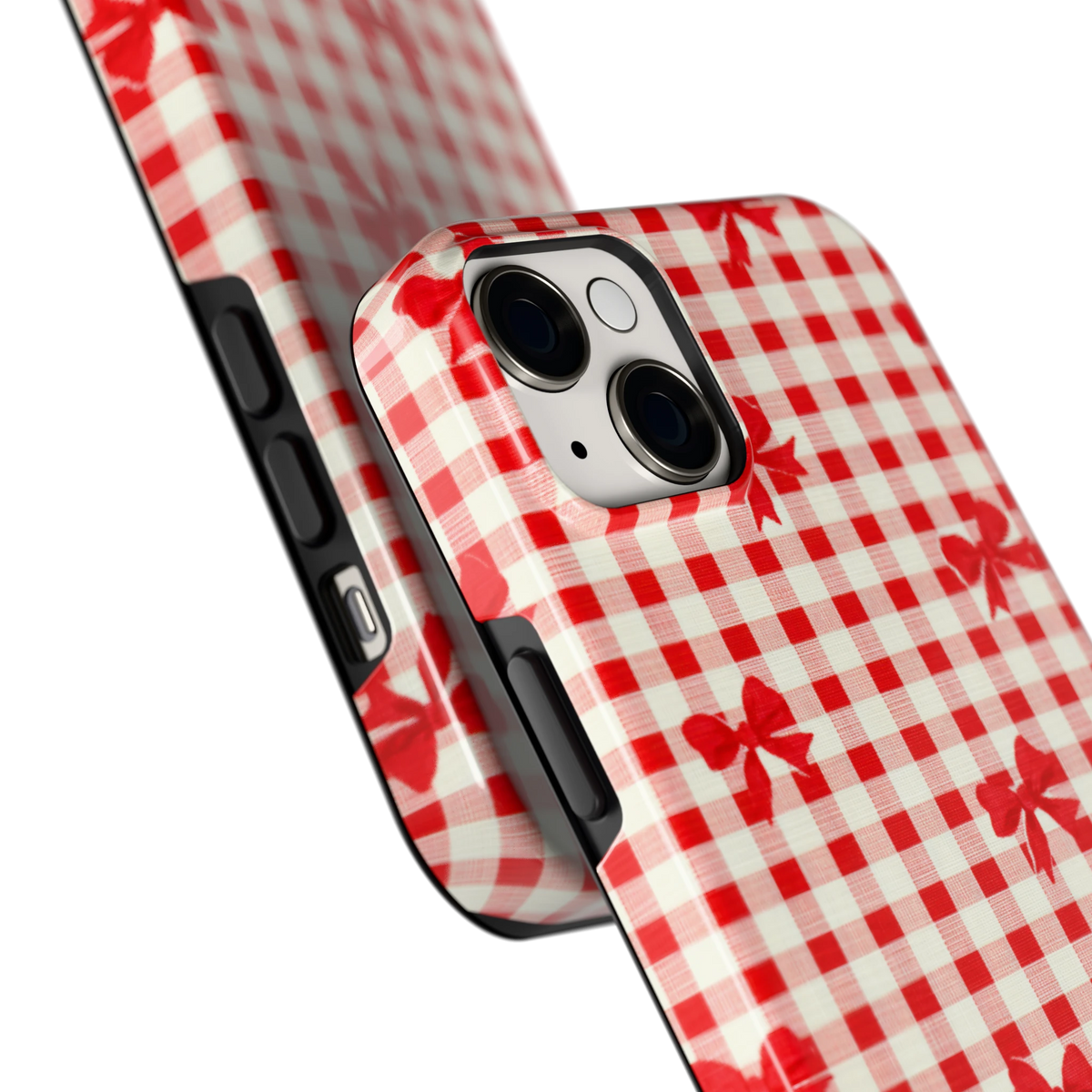 Geruite Strikjes hoesje voor iPhone 14 Plus, close-up