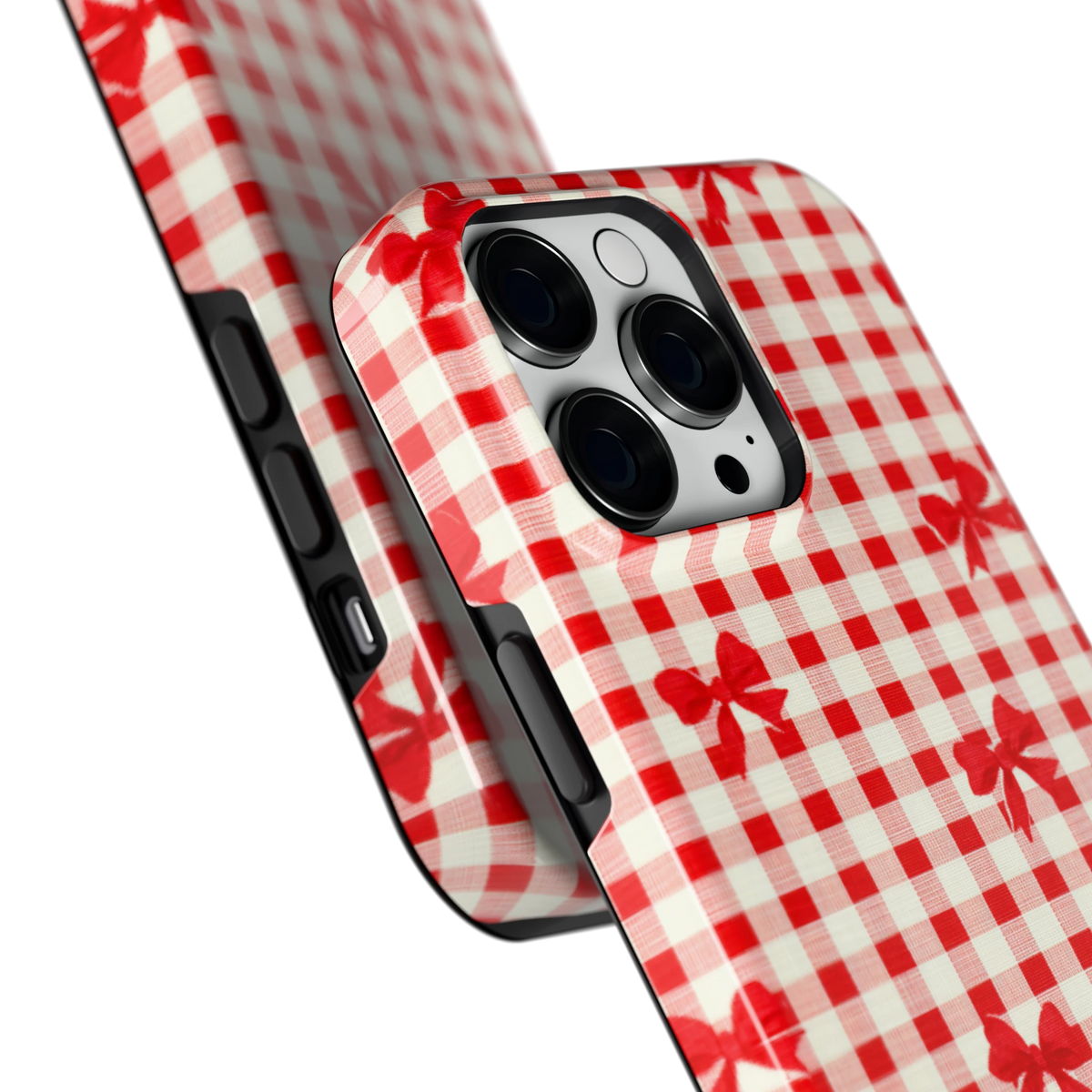 Geruite Strikjes hoesje voor iPhone 14 Pro Max, close-up