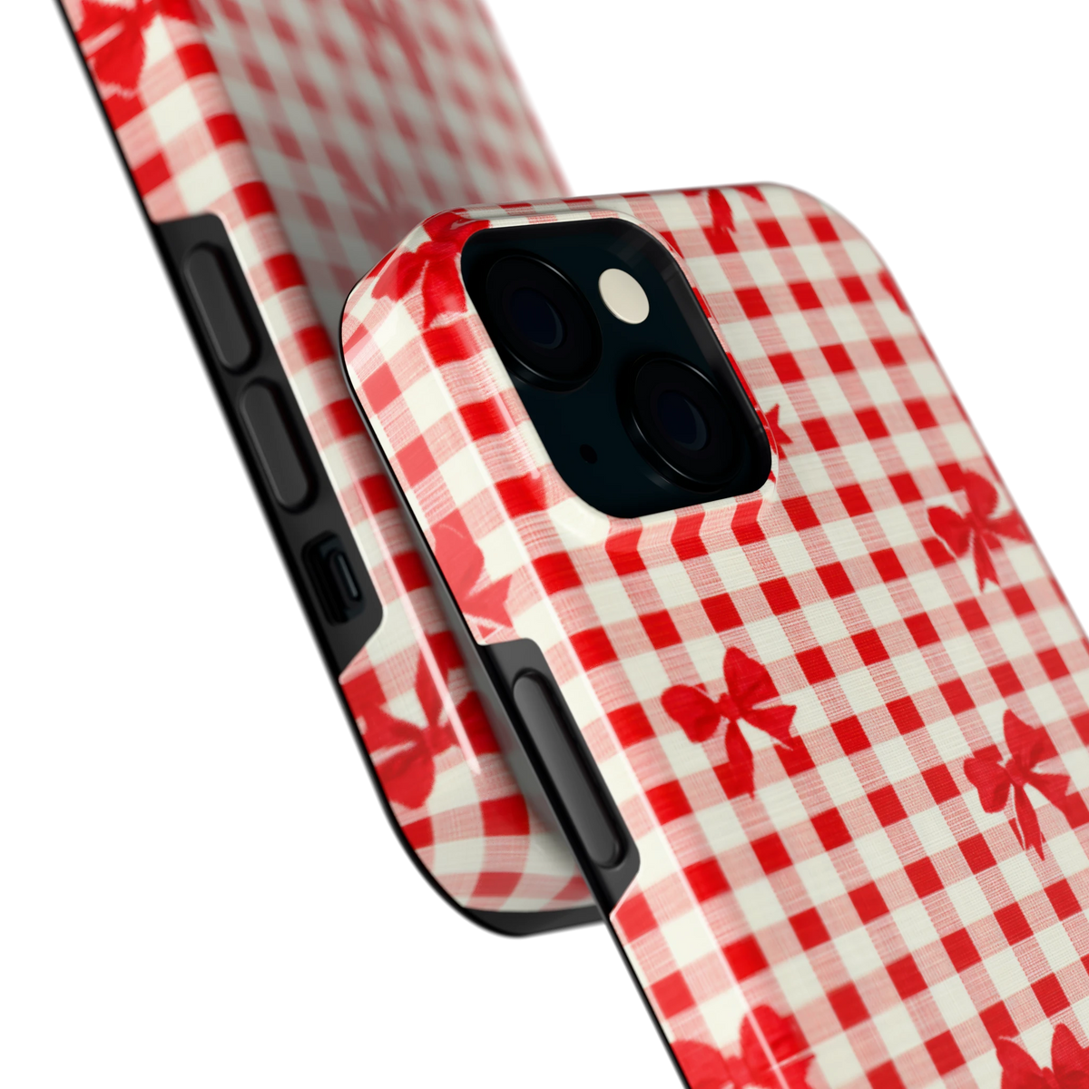 Geruite Strikjes hoesje voor iPhone 15, close-up