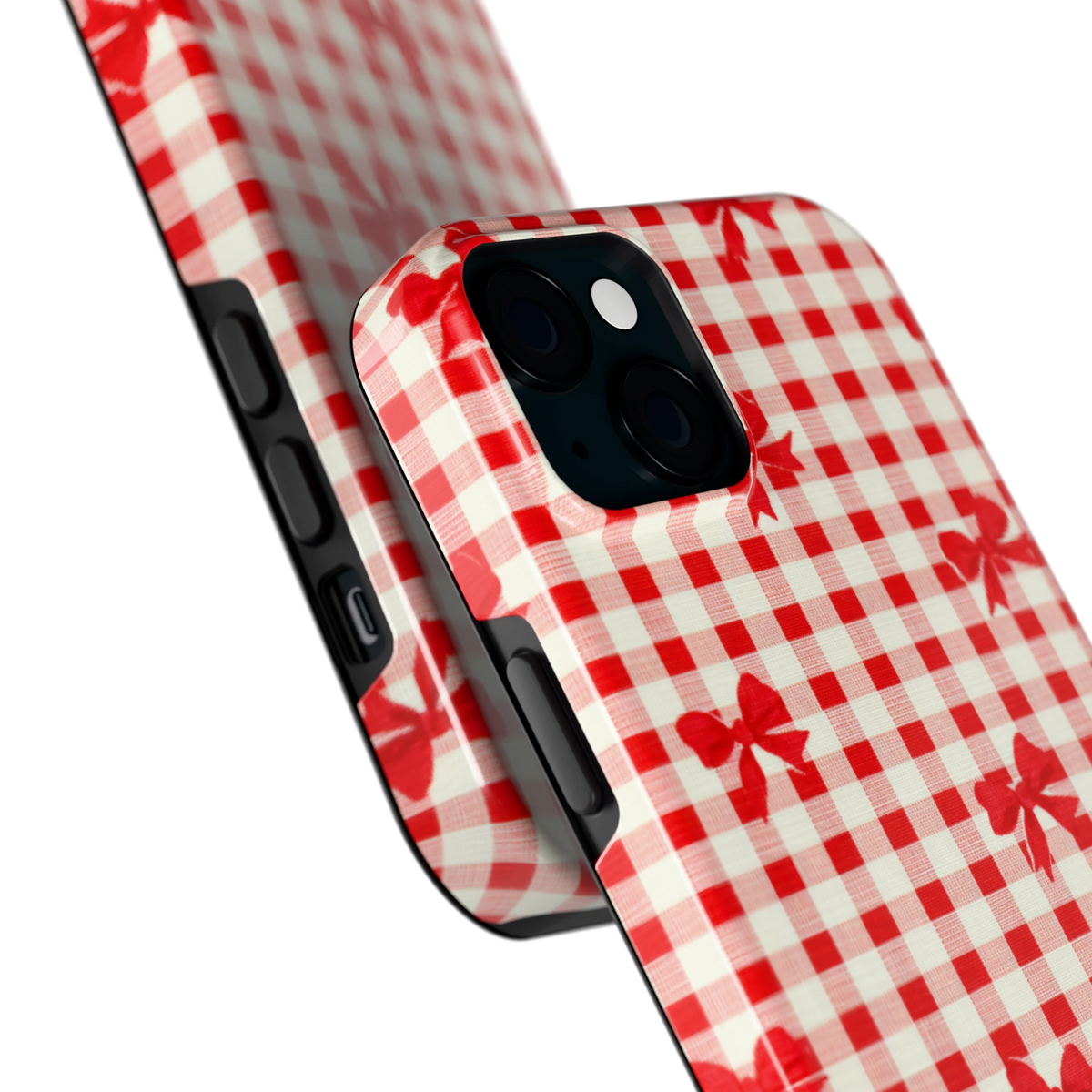 Geruite Strikjes hoesje voor iPhone 15 Plus, close-up