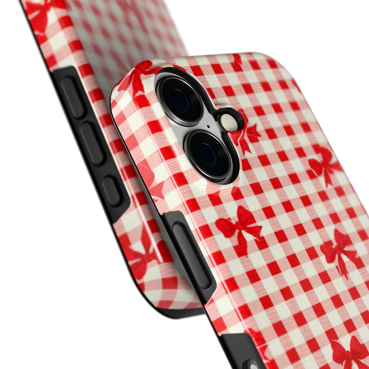 Geruite Strikjes hoesje voor iPhone 16, close-up
