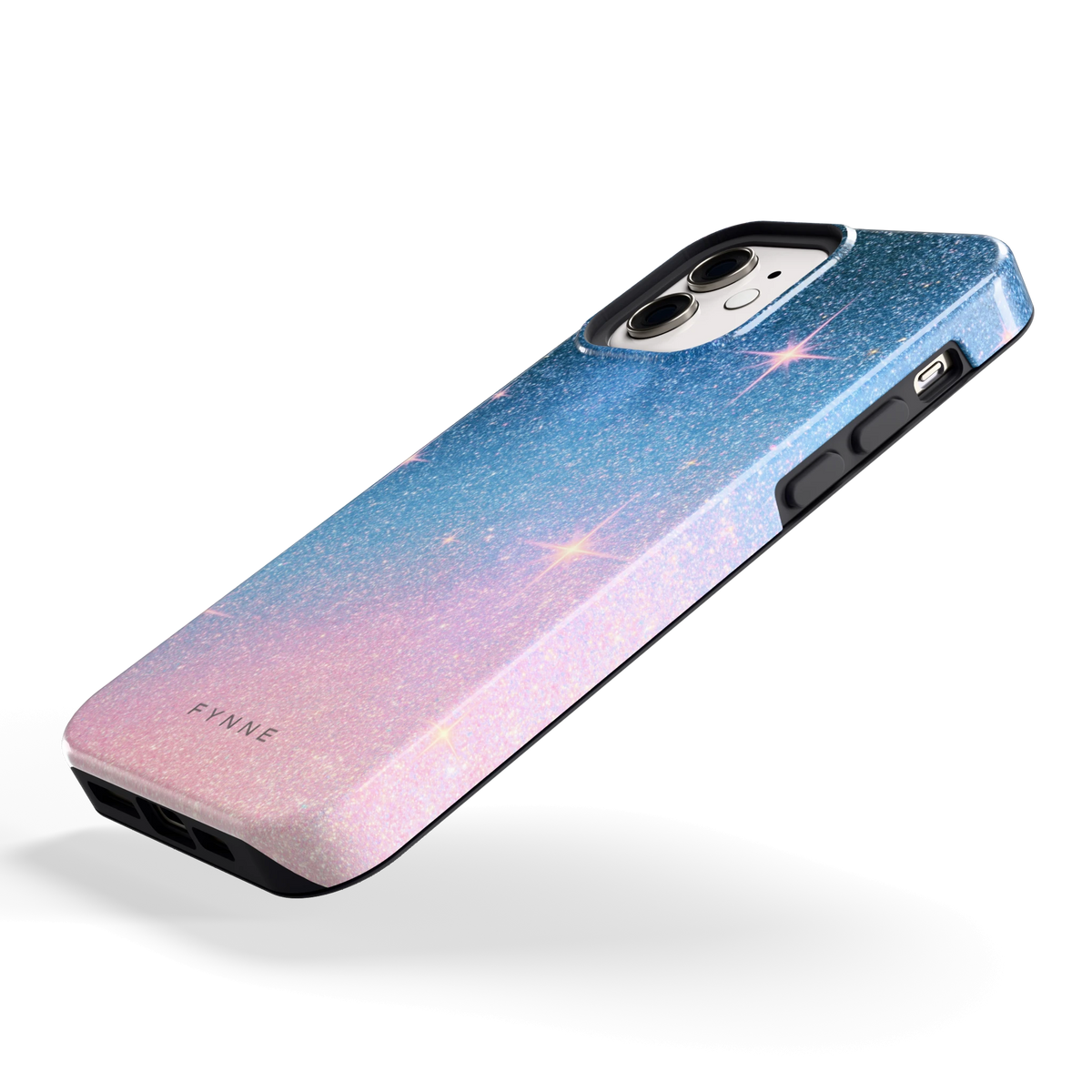 Glitter Sterrenhemel hoesje voor iPhone 12, schuin