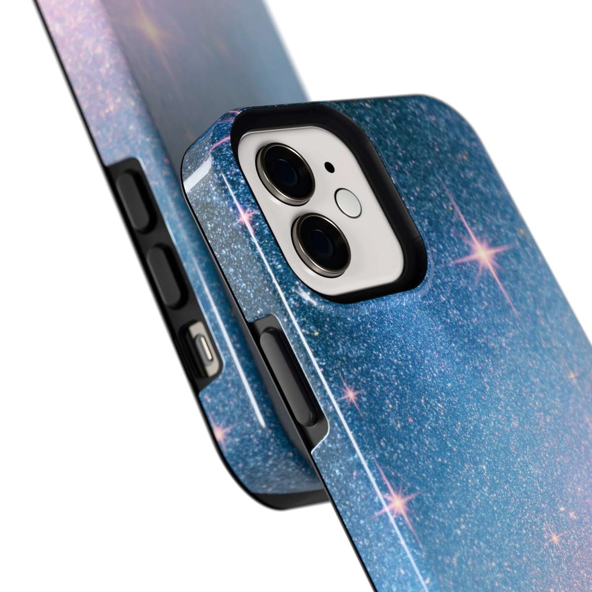 Glitter Sterrenhemel hoesje voor iPhone 12, close-up
