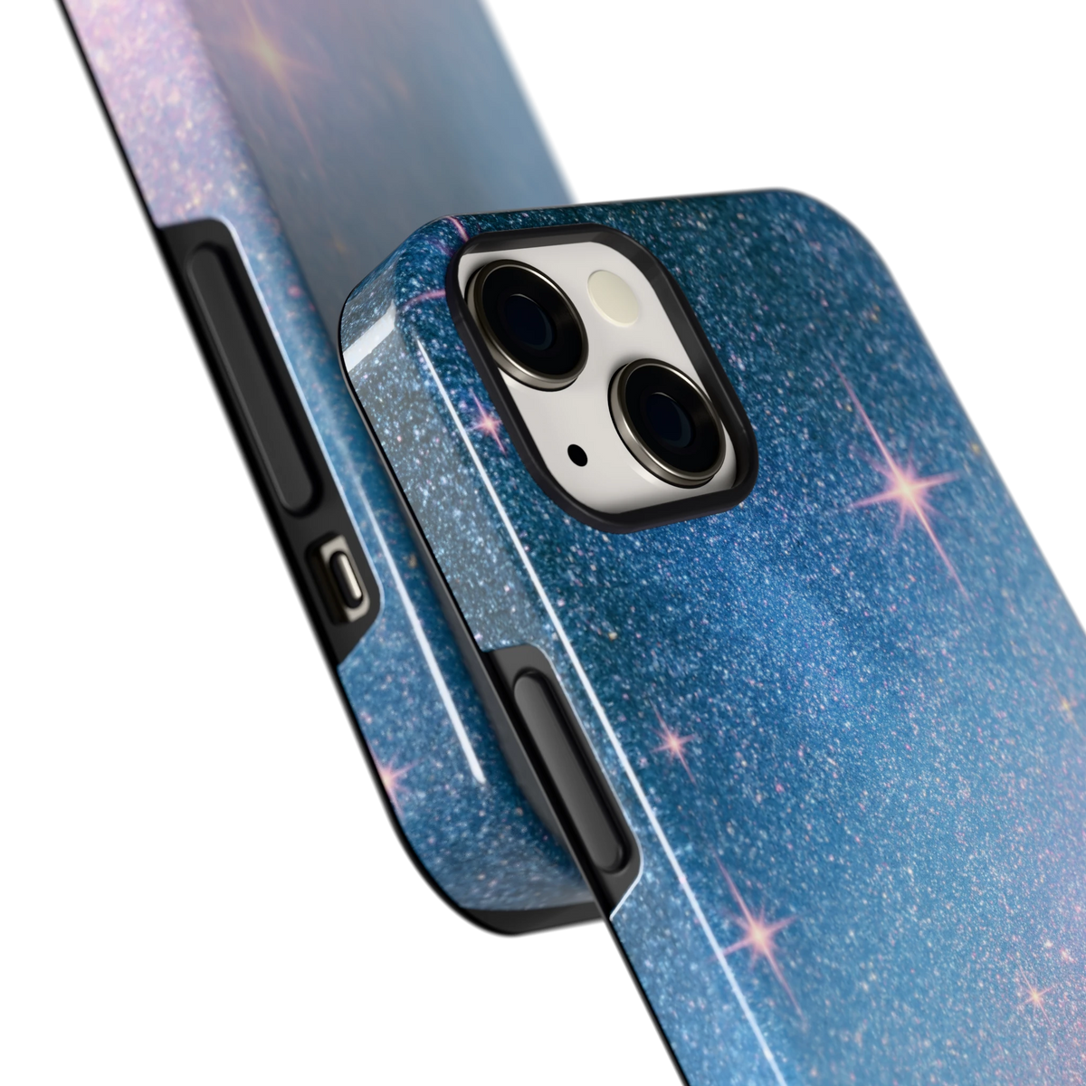 Glitter Sterrenhemel hoesje voor iPhone 13, close-up