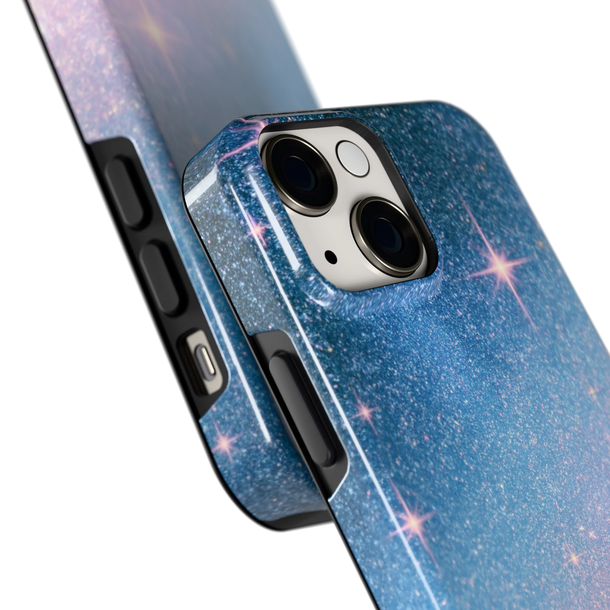 Glitter Sterrenhemel hoesje voor iPhone 13 mini, close-up