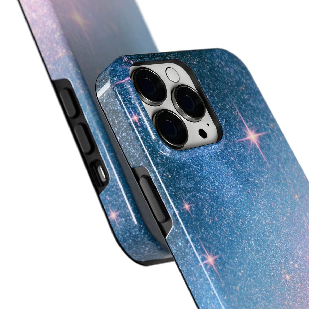 Glitter Sterrenhemel hoesje voor iPhone 13 Pro Max, close-up