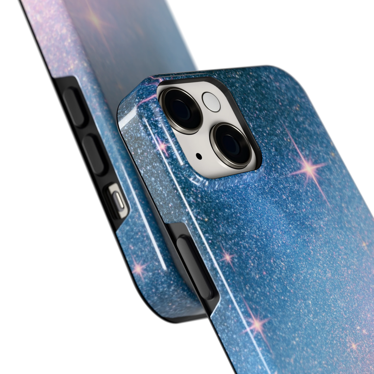 Glitter Sterrenhemel hoesje voor iPhone 14, close-up