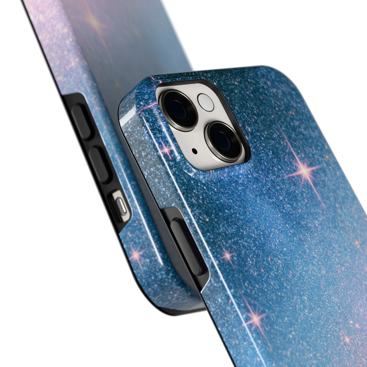 Glitter Sterrenhemel hoesje voor iPhone 14 Plus, close-up