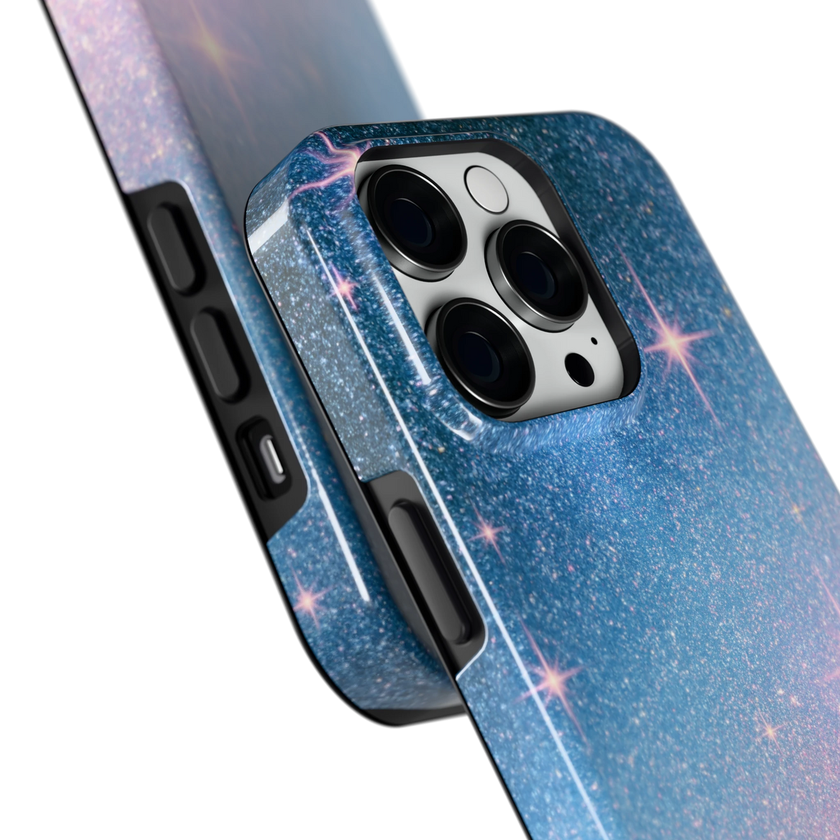 Glitter Sterrenhemel hoesje voor iPhone 14 Pro, close-up