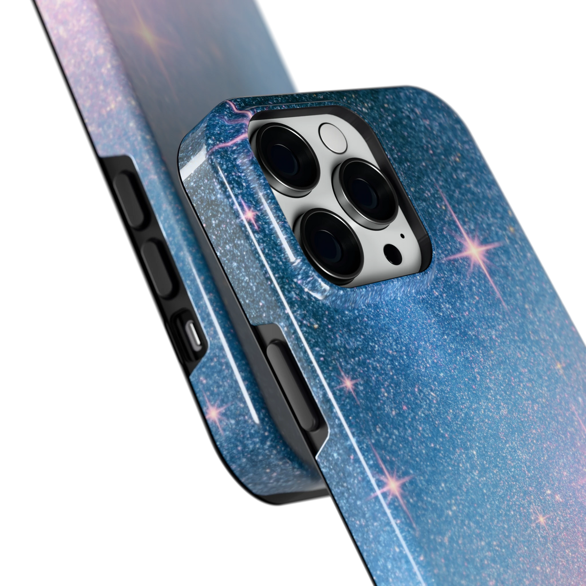 Glitter Sterrenhemel hoesje voor iPhone 14 Pro Max, close-up