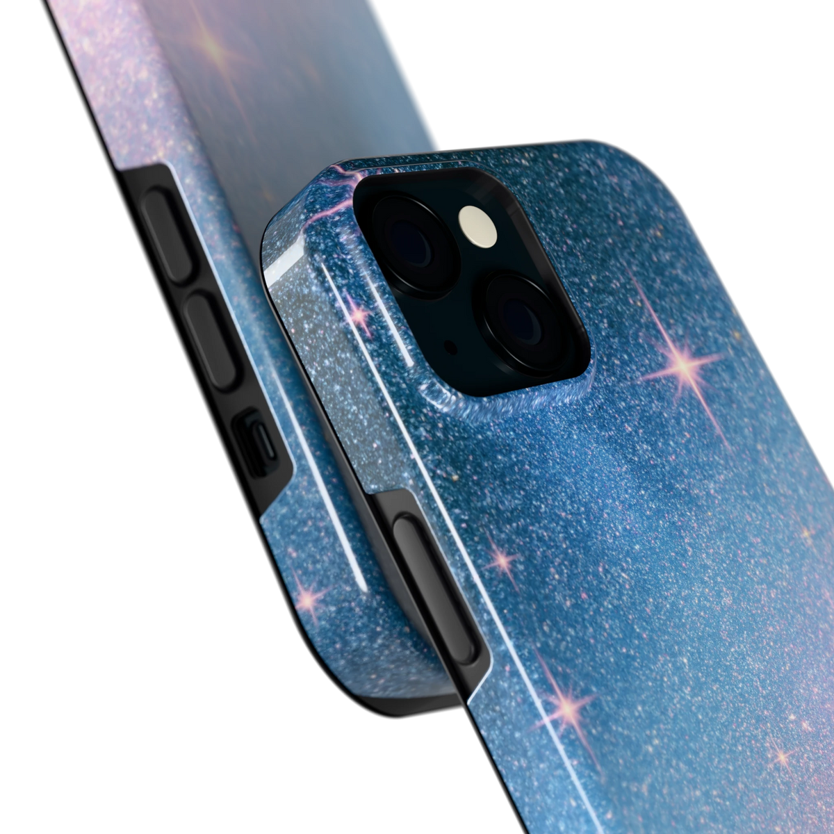 Glitter Sterrenhemel hoesje voor iPhone 15, close-up