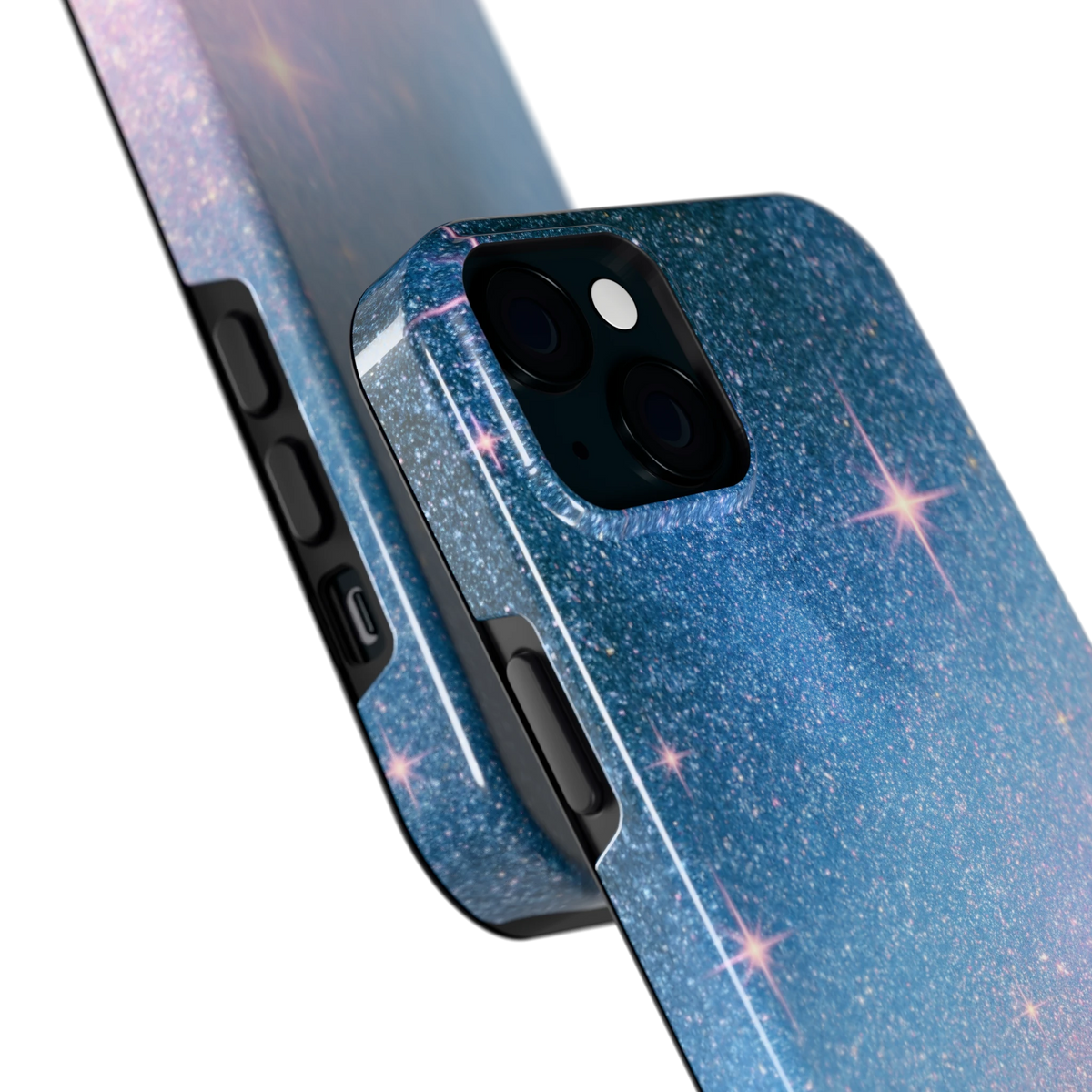 Glitter Sterrenhemel hoesje voor iPhone 15 Plus, close-up