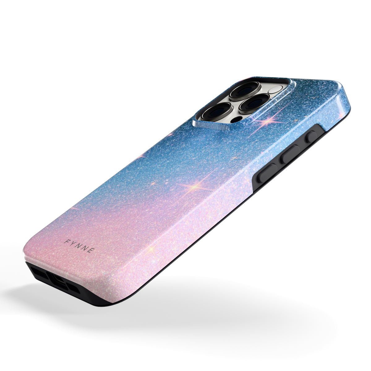 Glitter Sterrenhemel hoesje voor iPhone 15 Pro, schuin