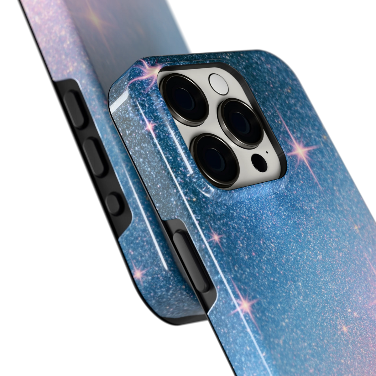 Glitter Sterrenhemel hoesje voor iPhone 15 Pro, close-up