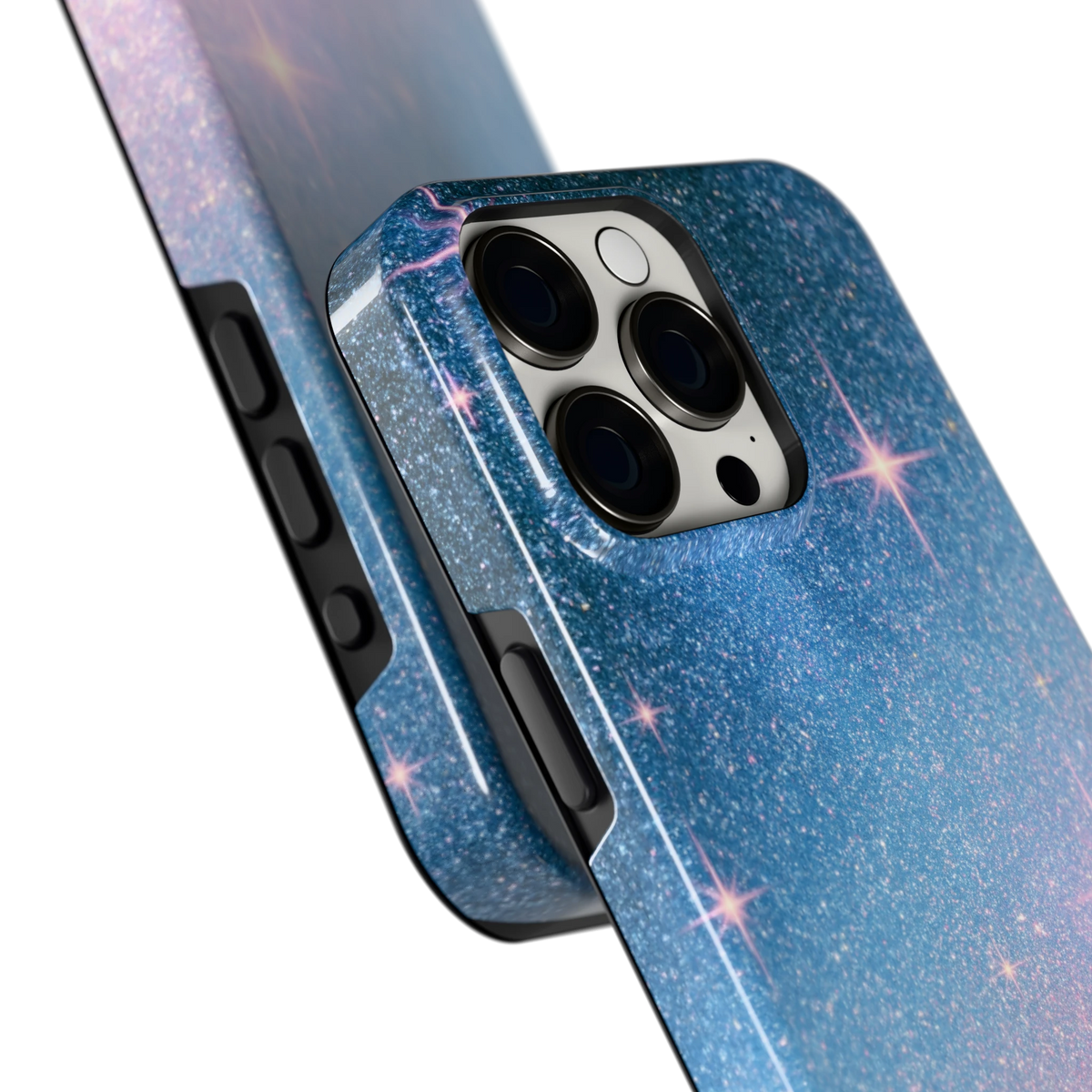 Glitter Sterrenhemel hoesje voor iPhone 15 Pro Max, close-up