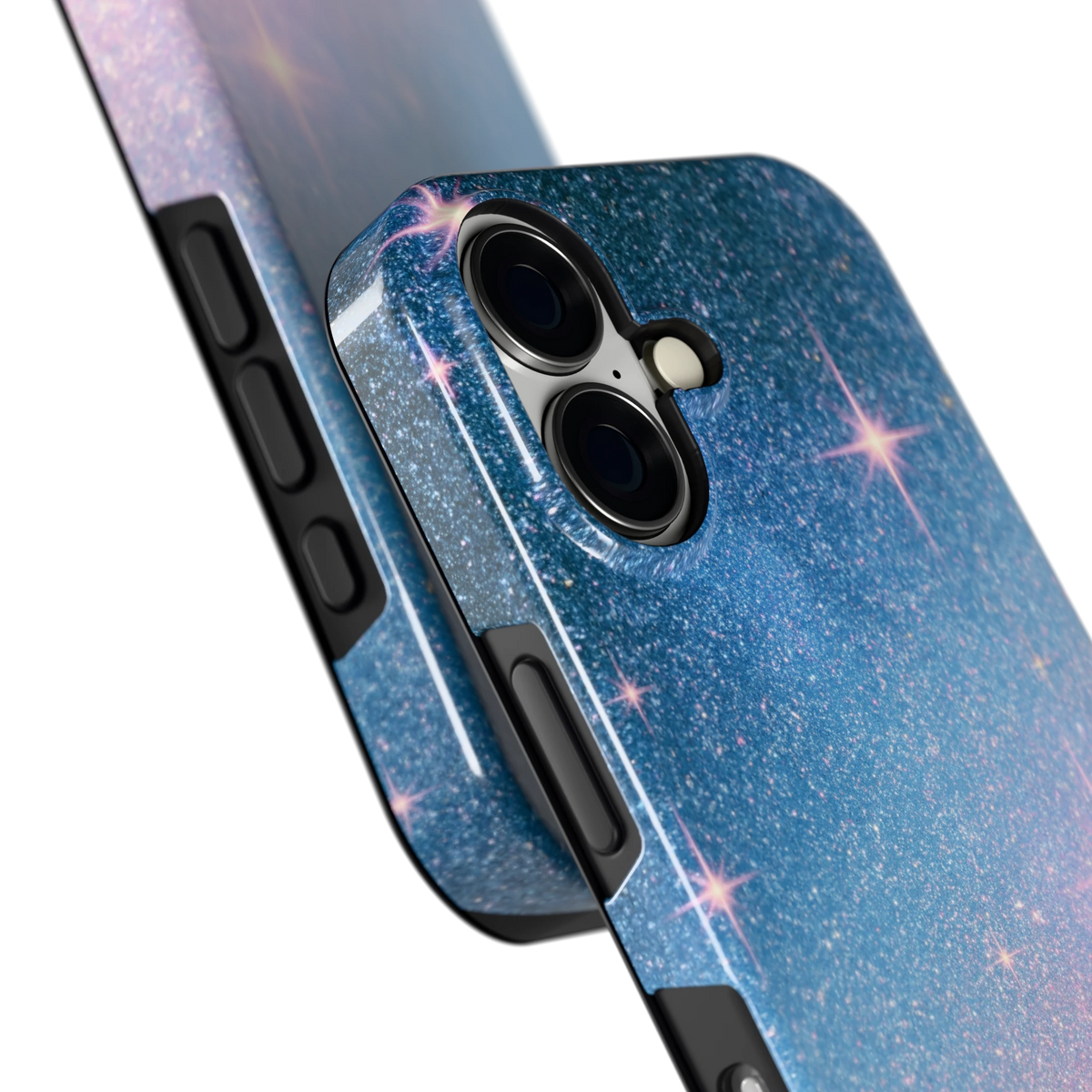 Glitter Sterrenhemel hoesje voor iPhone 16, close-up