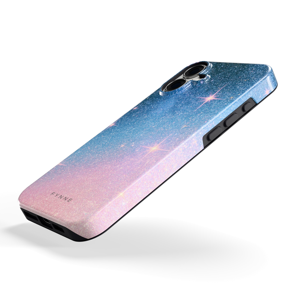 Glitter Sterrenhemel hoesje voor iPhone 16 Plus, schuin