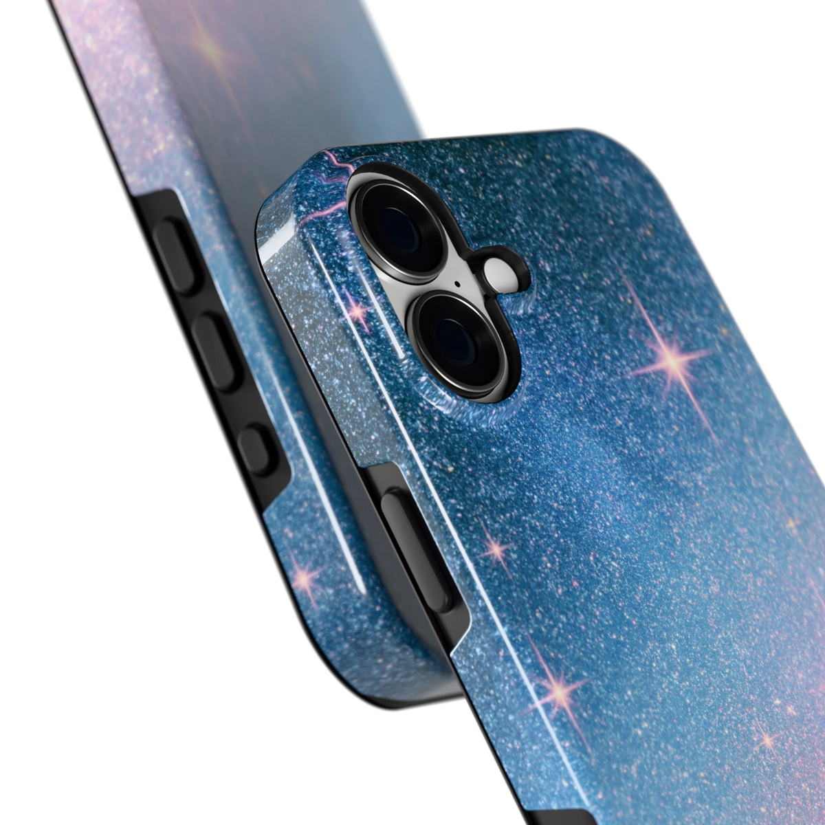 Glitter Sterrenhemel hoesje voor iPhone 16 Plus, close-up