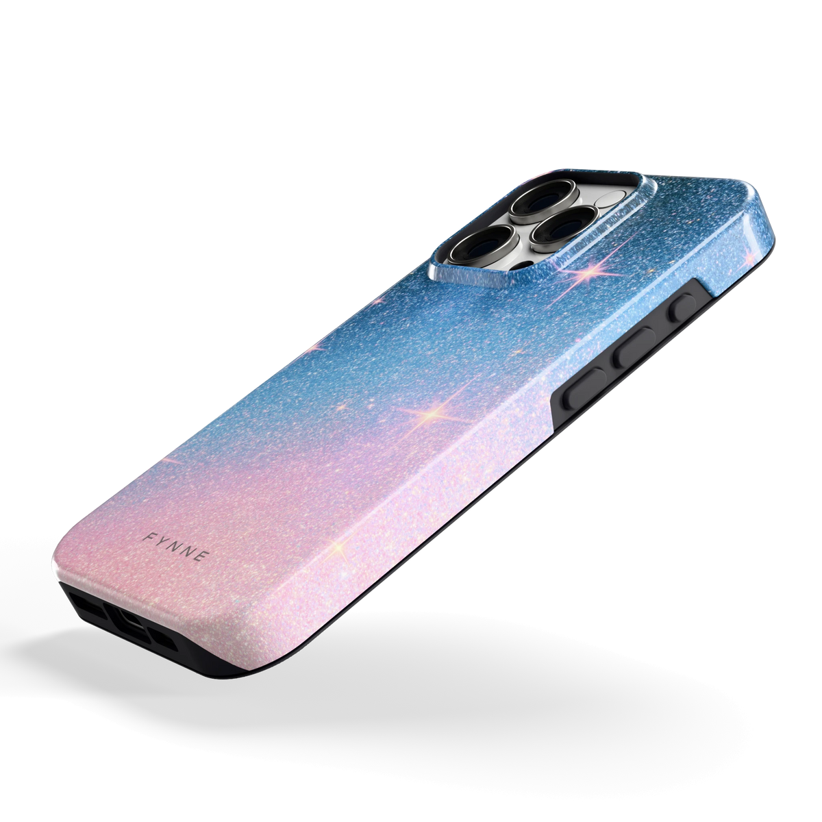 Glitter Sterrenhemel hoesje voor iPhone 16 Pro, schuin