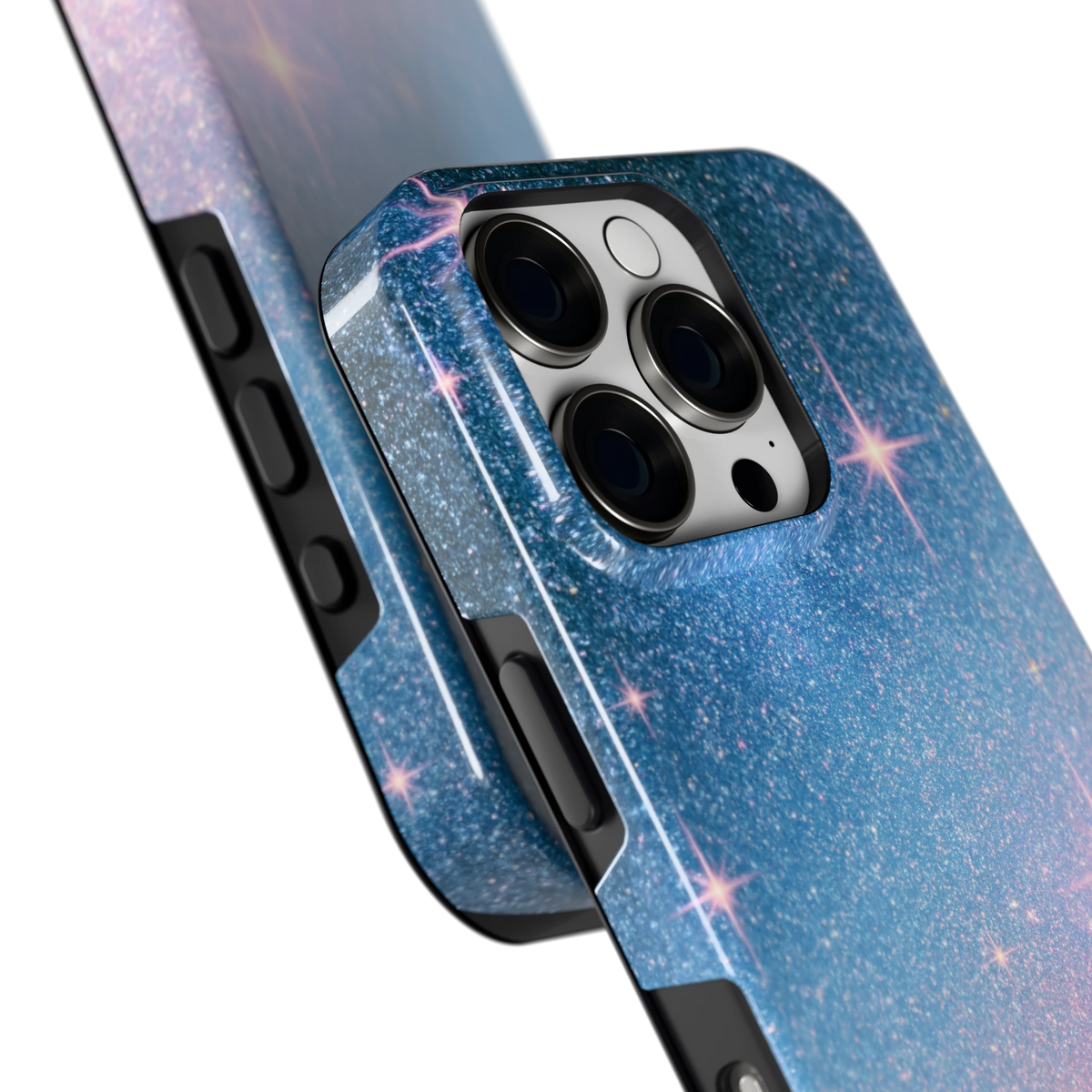 Glitter Sterrenhemel hoesje voor iPhone 16 Pro, close-up