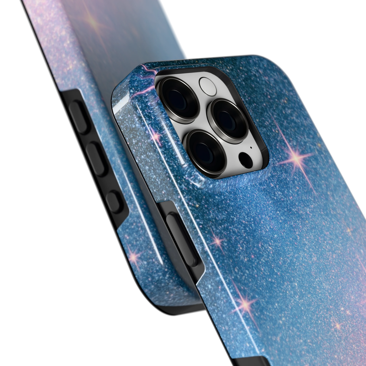 Glitter Sterrenhemel hoesje voor iPhone 16 Pro Max, close-up