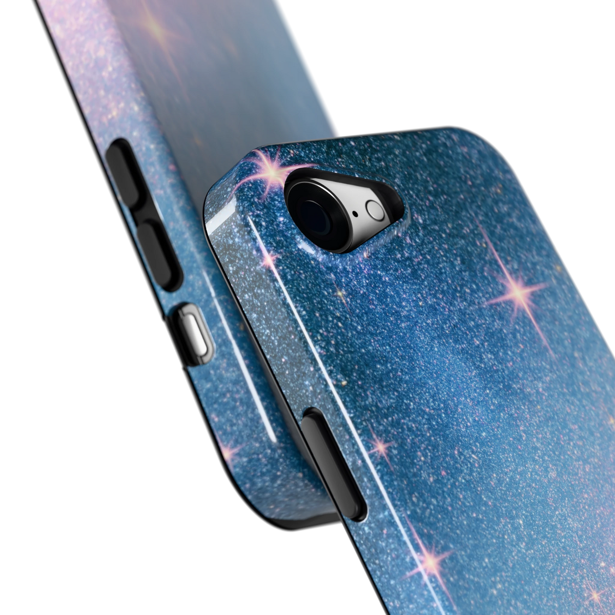 Glitter Sterrenhemel hoesje voor iPhone 16e, close-up