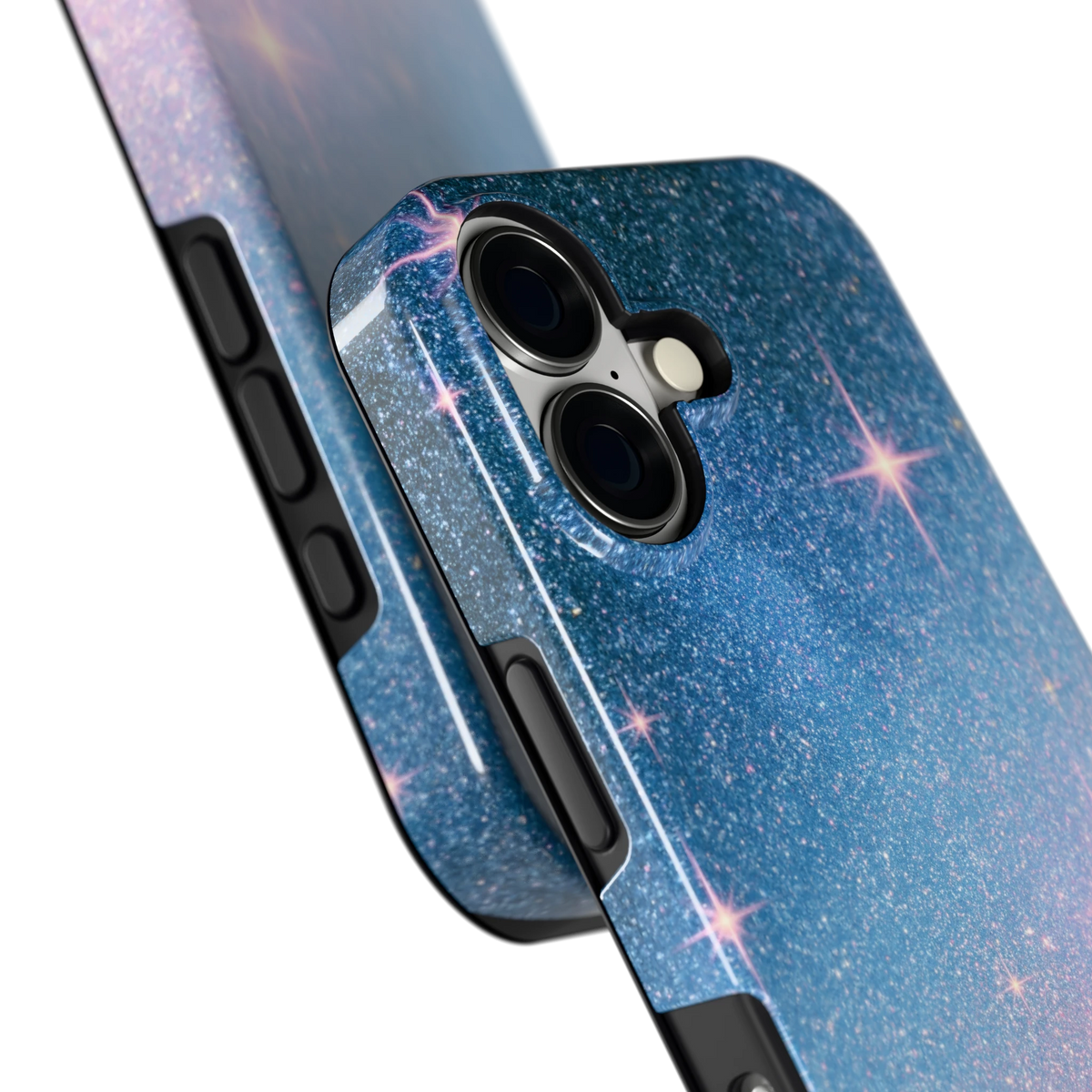 Glitter Sterrenhemel hoesje voor iPhone 17, close-up