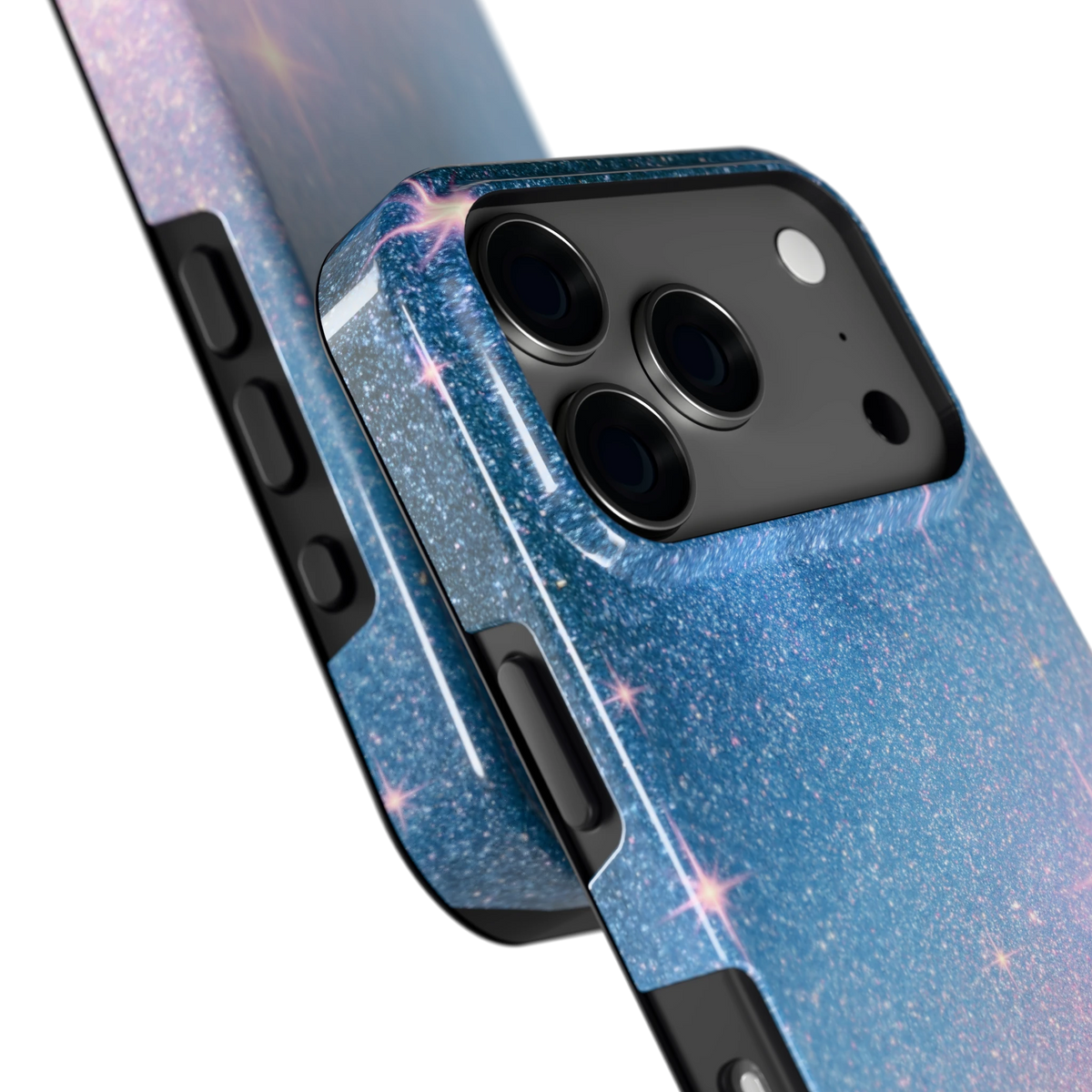 Glitter Sterrenhemel hoesje voor iPhone 17 Pro, close-up