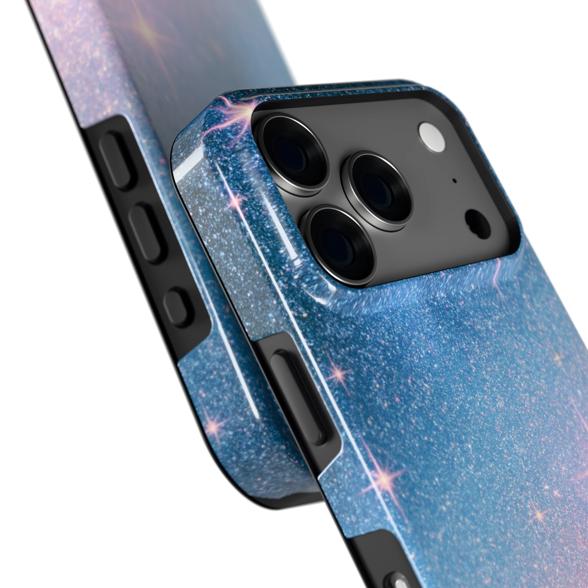 Glitter Sterrenhemel hoesje voor iPhone 18 Pro, close-up