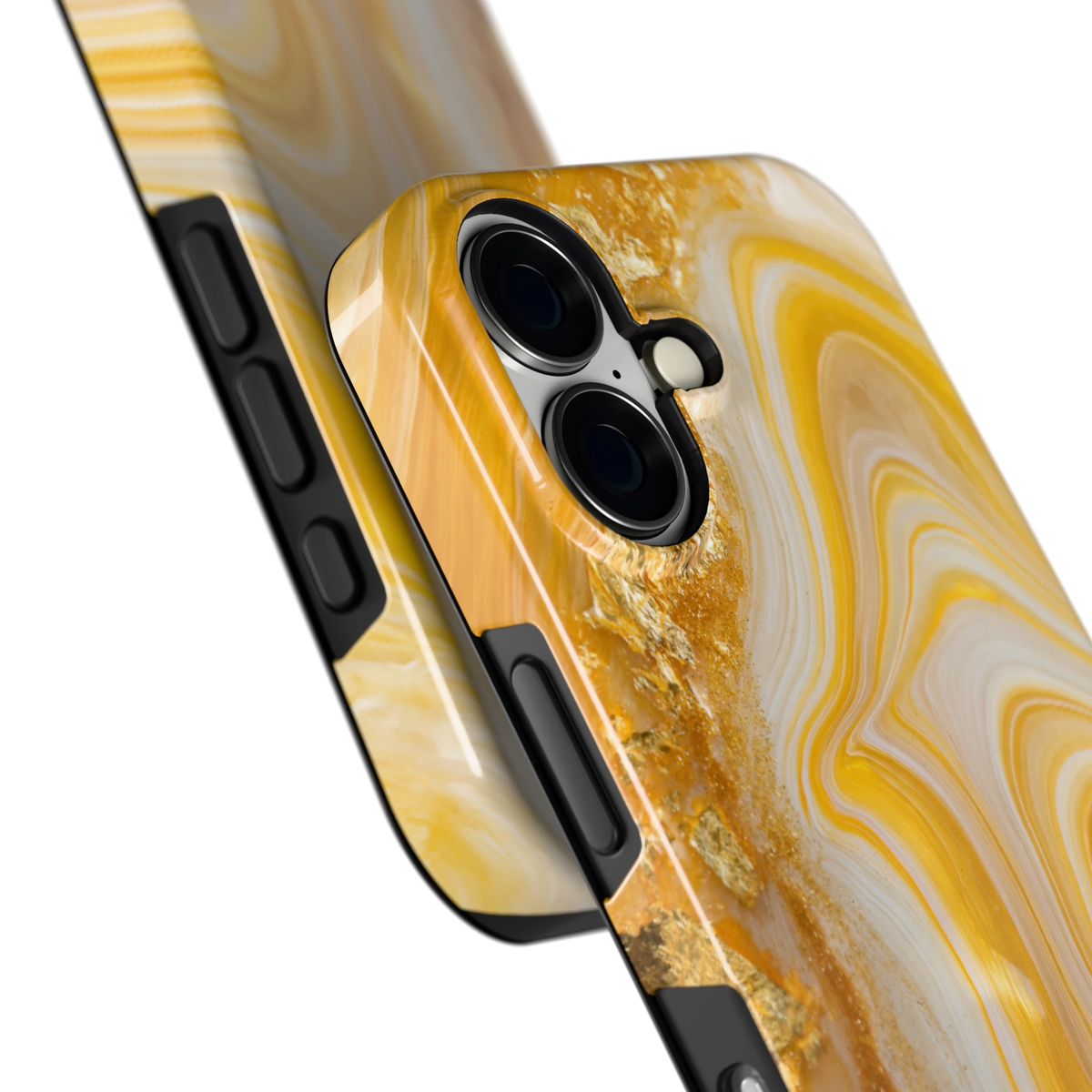 Gouden Marmerswirl hoesje voor iPhone 16, close-up