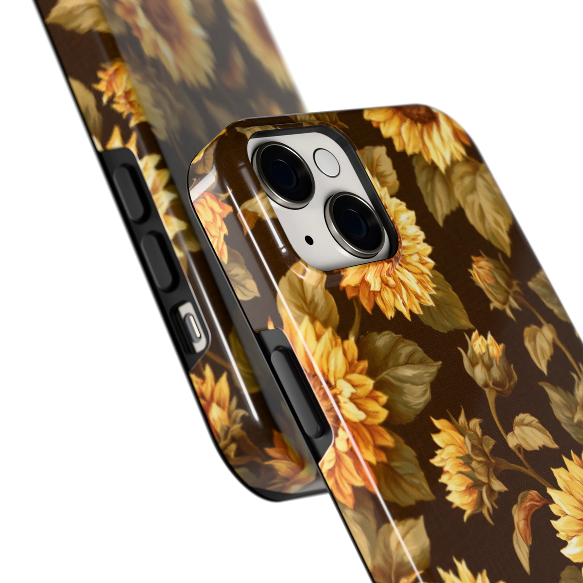 Gouden Zonnebloemen hoesje voor iPhone 14 Plus, close-up