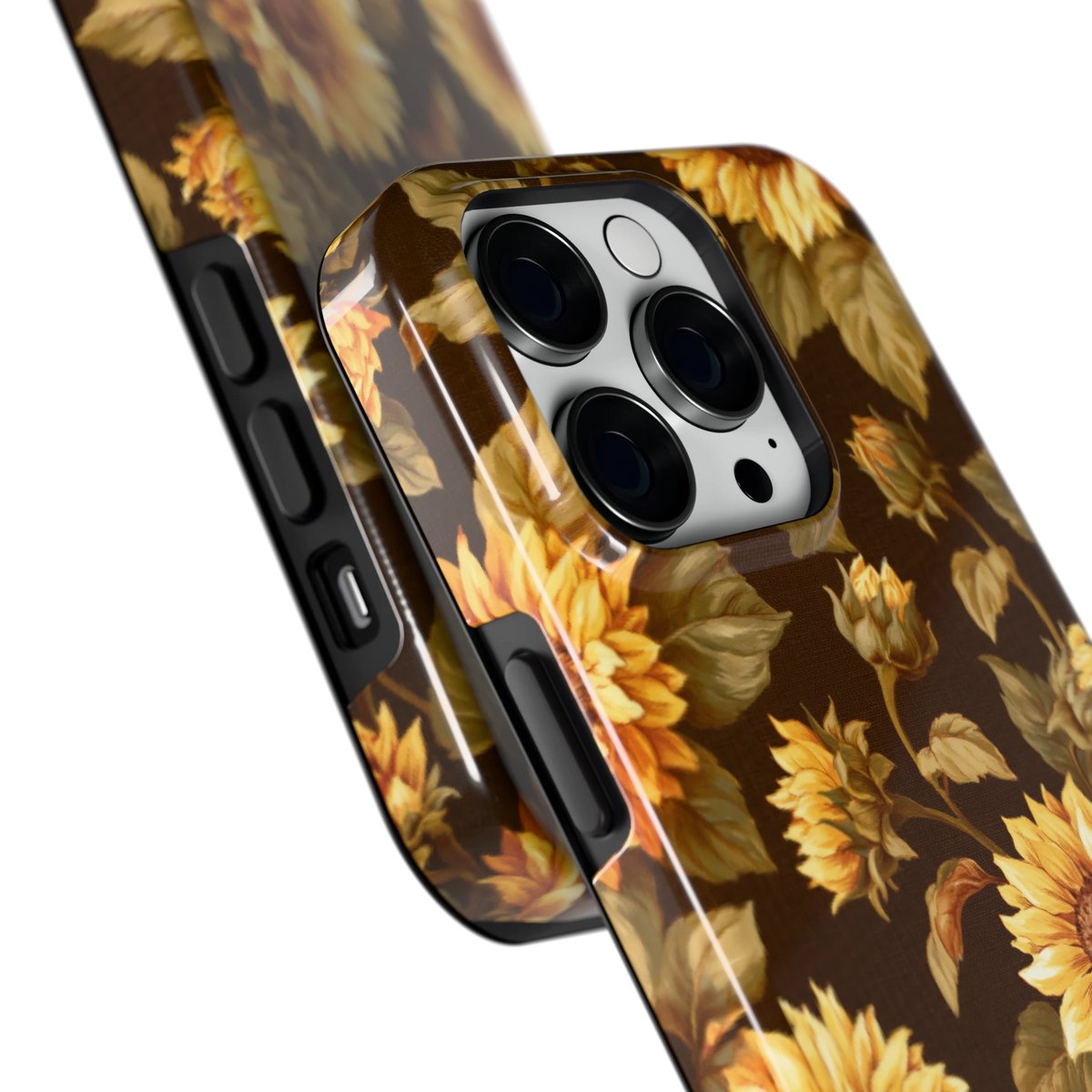 Gouden Zonnebloemen hoesje voor iPhone 14 Pro, close-up
