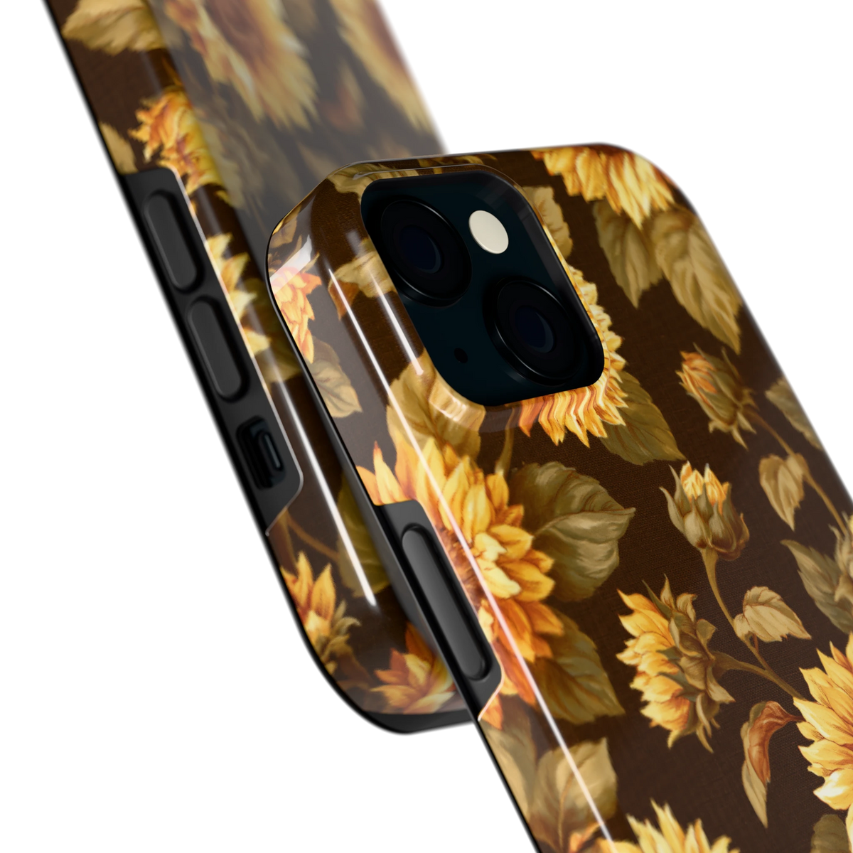 Gouden Zonnebloemen hoesje voor iPhone 15, close-up