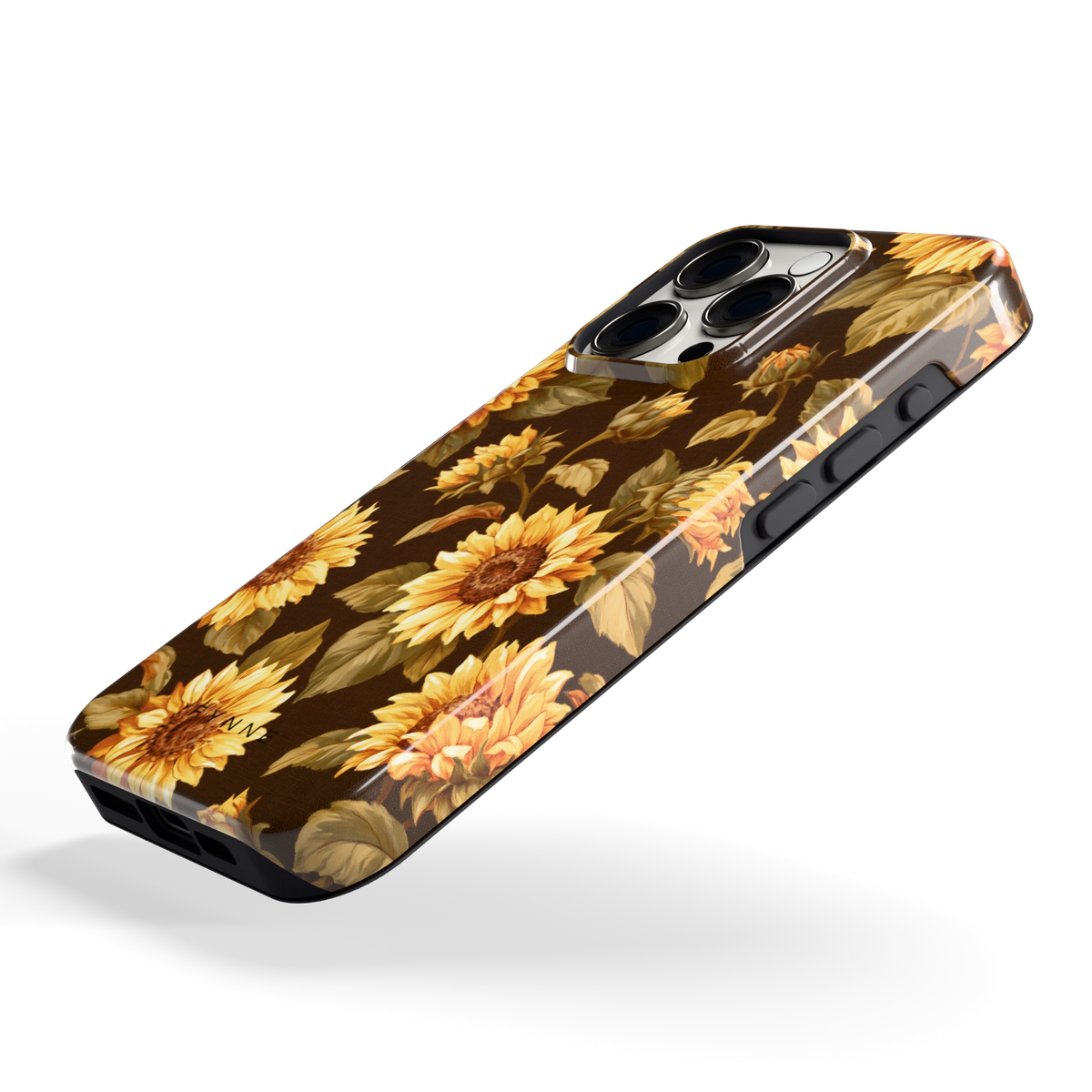 Gouden Zonnebloemen hoesje voor iPhone 15 Pro, schuin