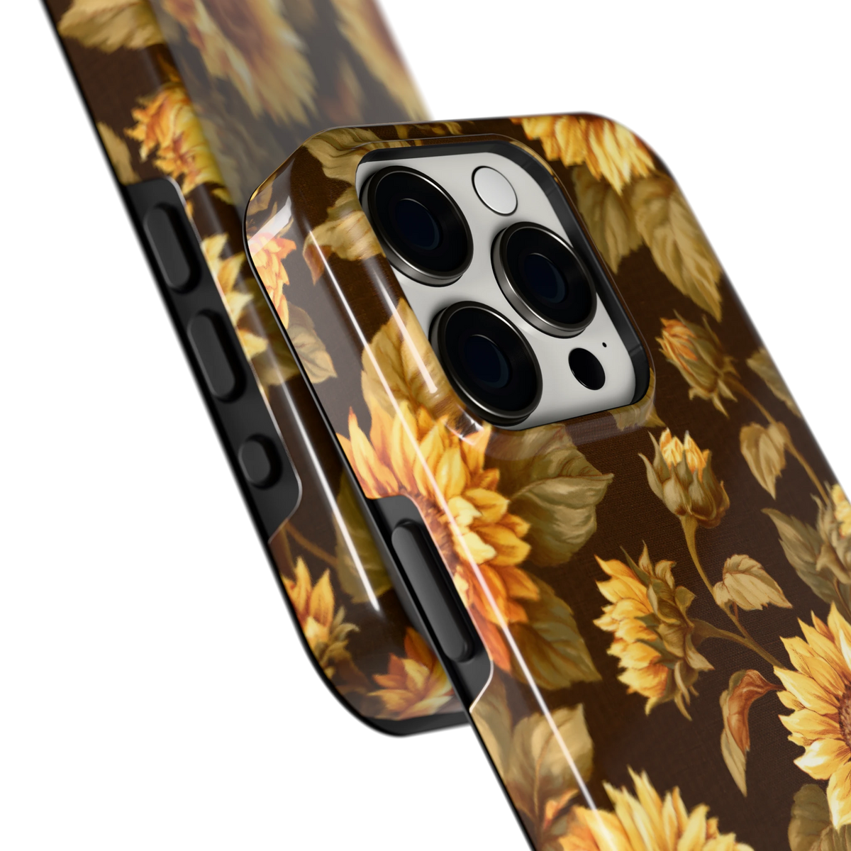Gouden Zonnebloemen hoesje voor iPhone 15 Pro, close-up
