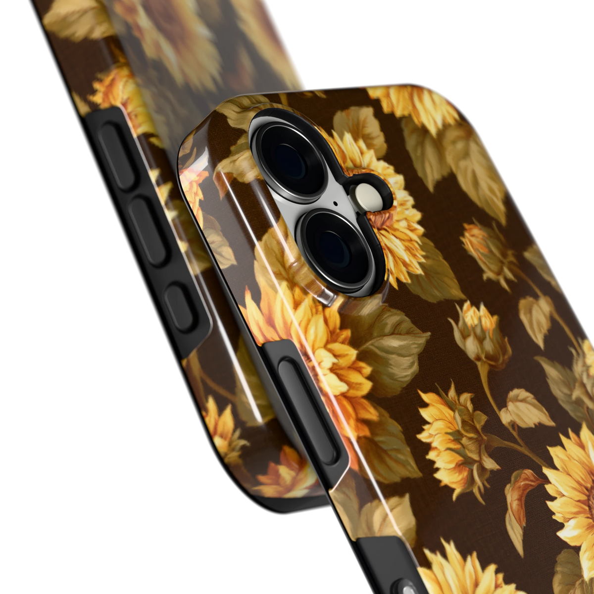 Gouden Zonnebloemen hoesje voor iPhone 16, close-up