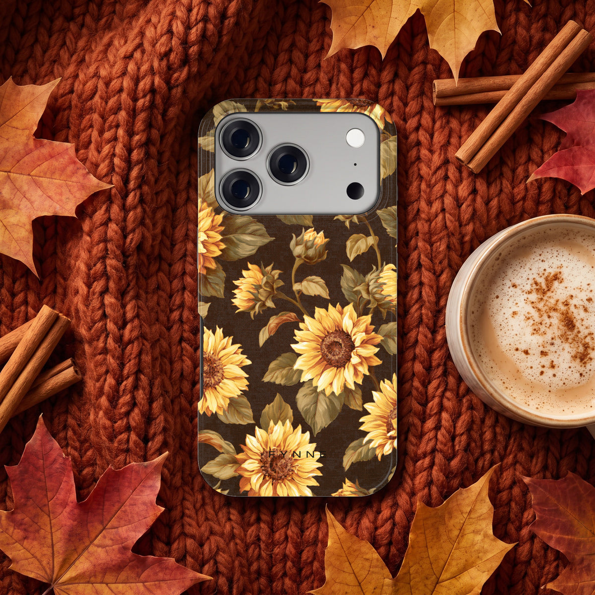 Gouden Zonnebloemen hoesje op een iPhone 17 Pro, uit The Fall Collection