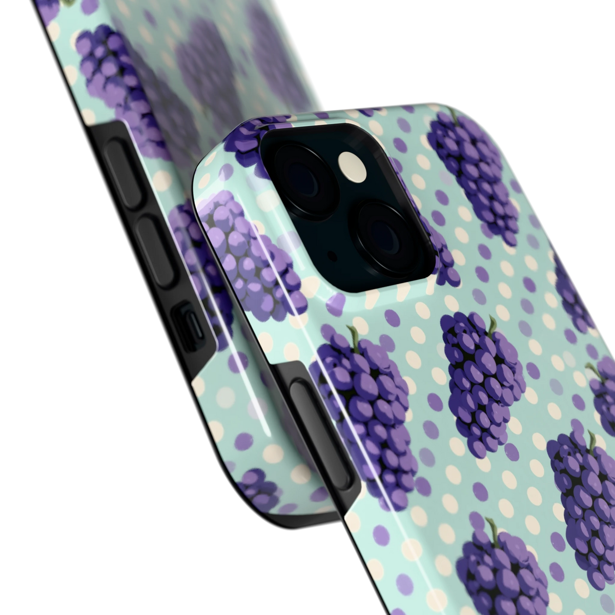 Druiven op Stippen hoesje voor iPhone 15, close-up