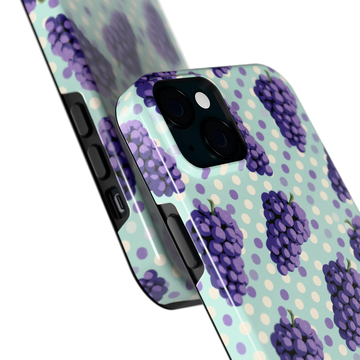 Druiven op Stippen hoesje voor iPhone 15 Plus, close-up